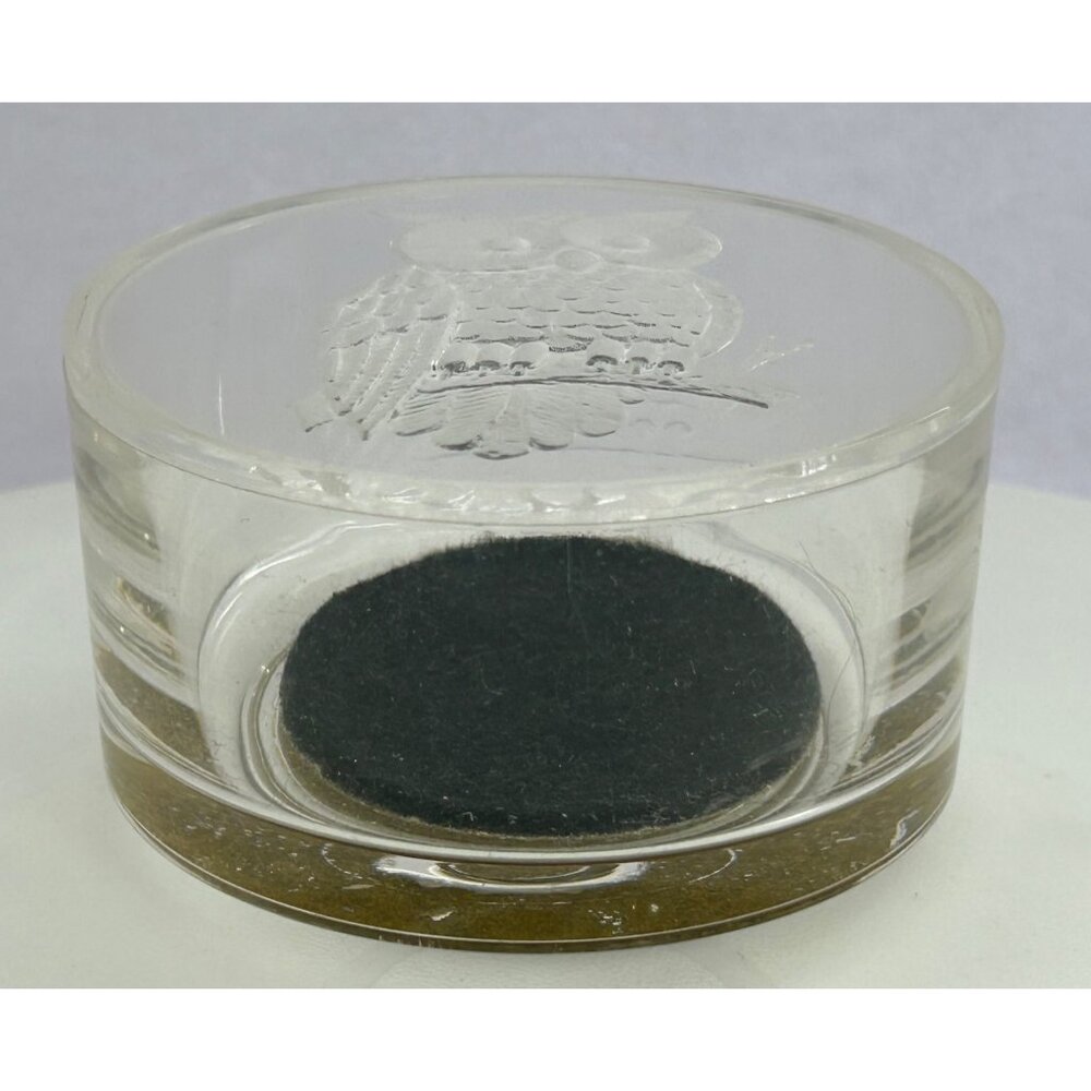 Trinket Jewelry Box Etched Owl Design Lid Round Clear & Black Vintage Look Retro - Picture 2 of 8